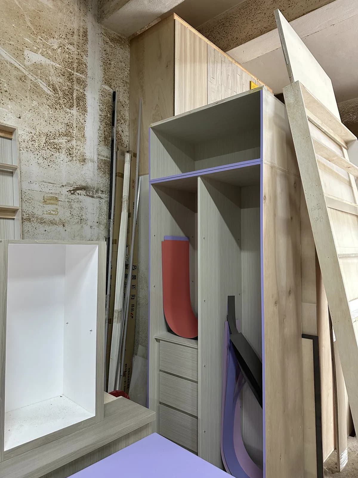 The same wardrobe carcasses being dry-fitted in our Seremban workshop before delivery