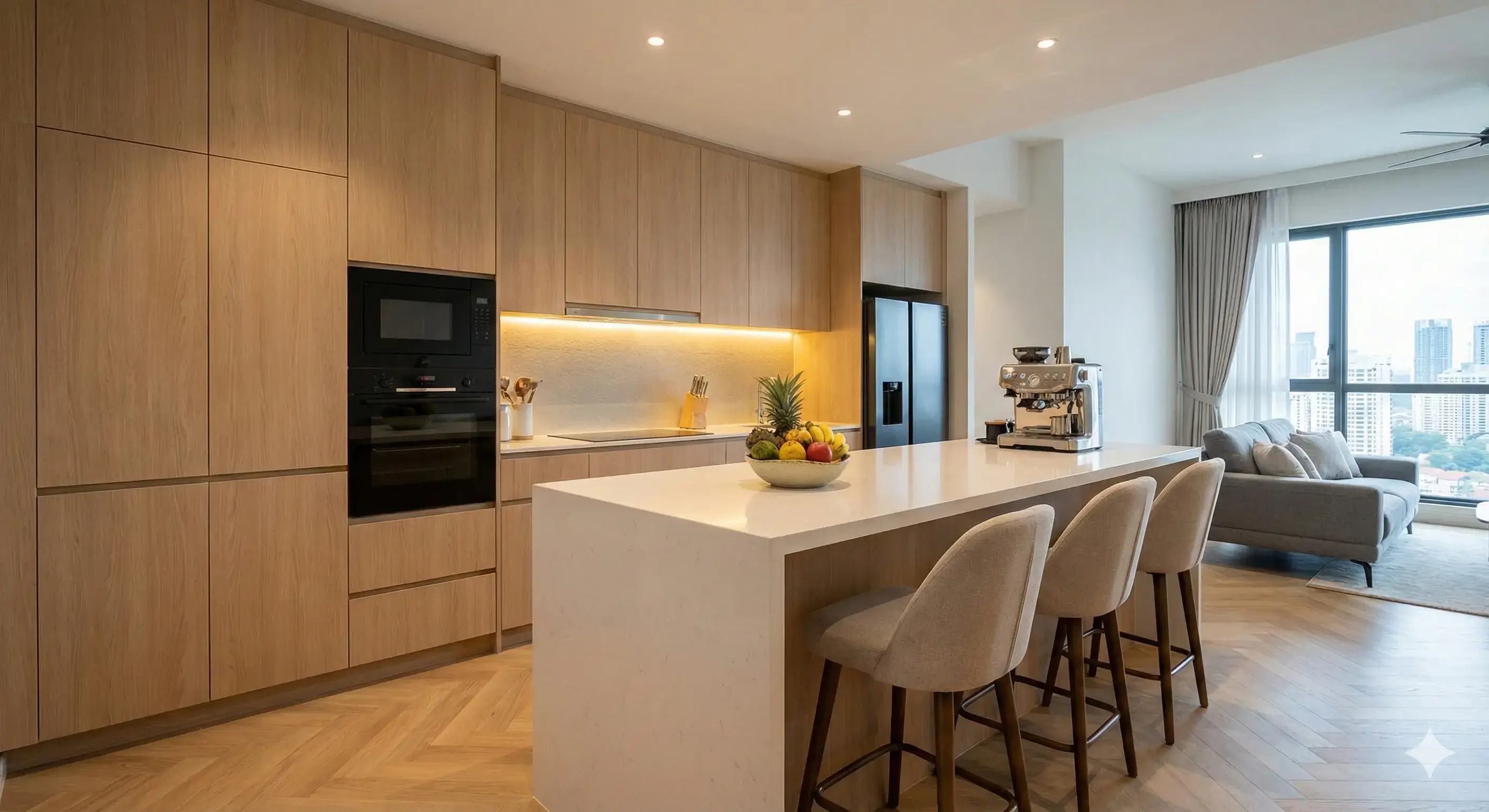 Modern dry kitchen design with island and built-in appliances opening to a living room.