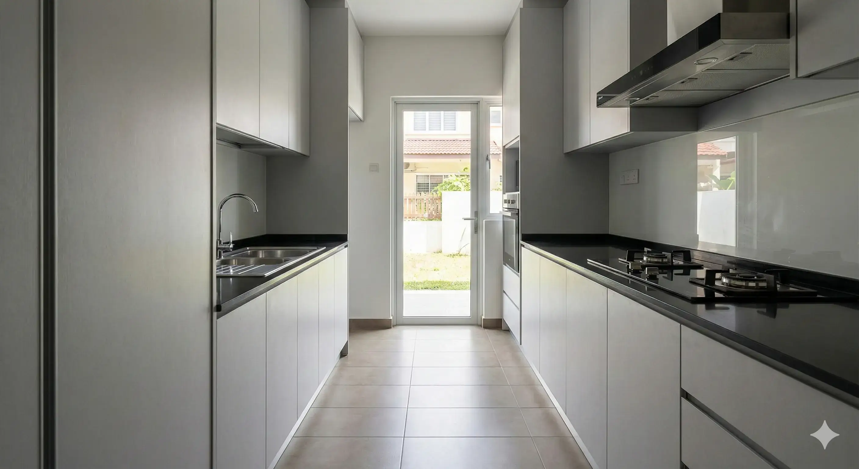 Narrow galley kitchen layout example with parallel cabinets, ideal for terrace houses.