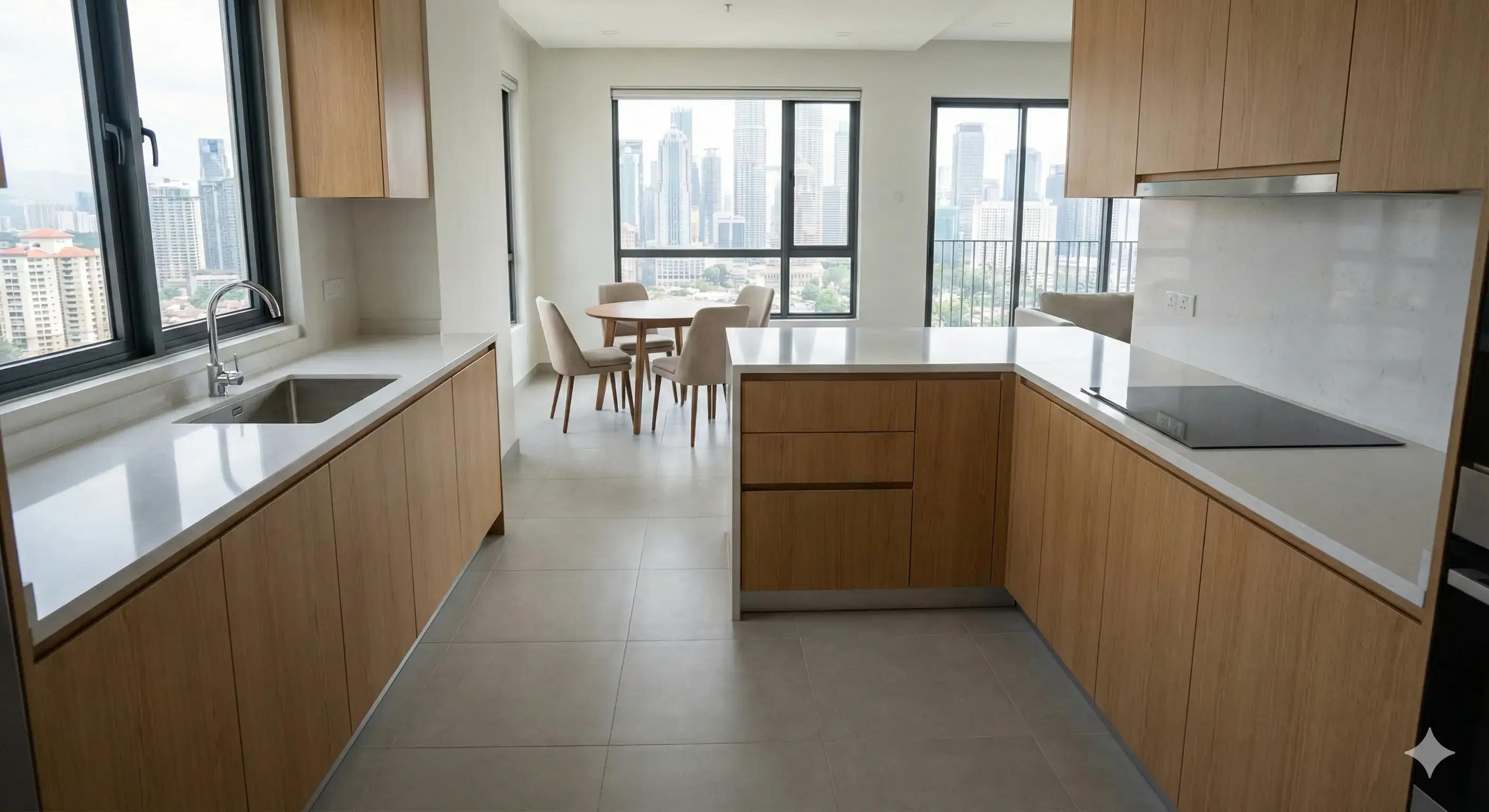 Modern L-shaped kitchen layout in a condo with light oak cabinets and dining table.