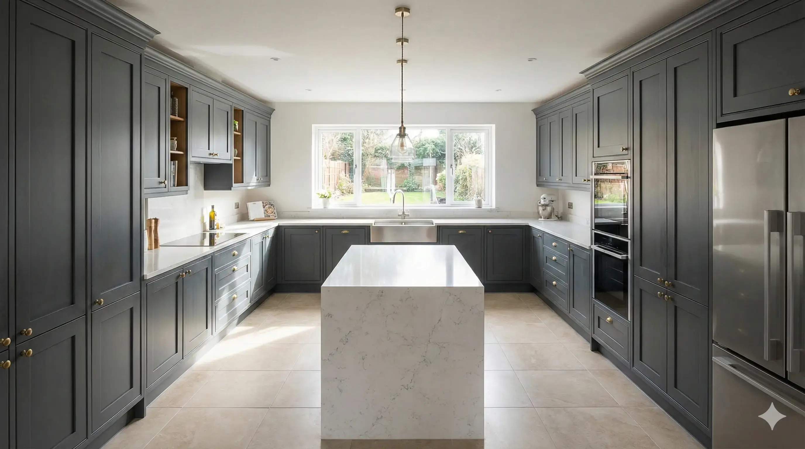 Spacious U-shaped kitchen with grey cabinets and maximum storage space.