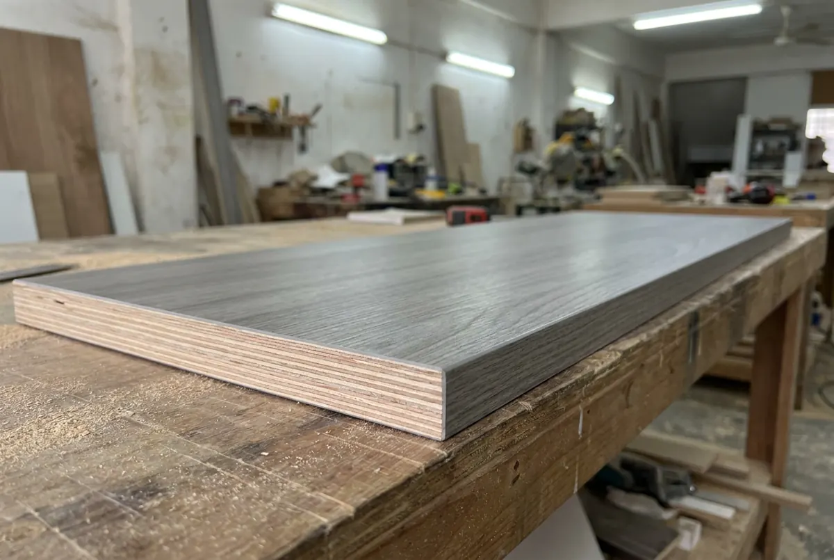 Panel plywood berlapis laminate corak kayu kelabu, lapisan teras plywood kelihatan di tepi