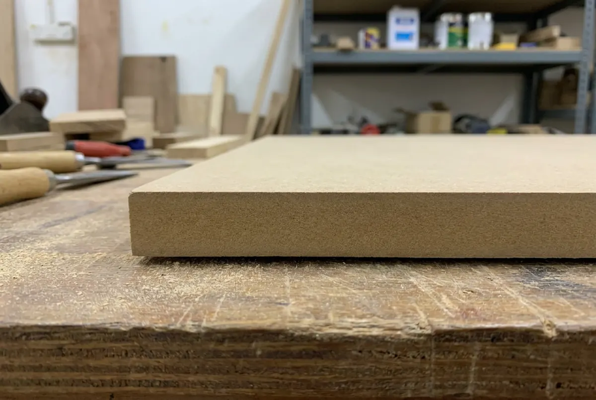 Papan MDF mentah yang tebal di atas meja kerja dengan tepi coklat yang licin dan sekata