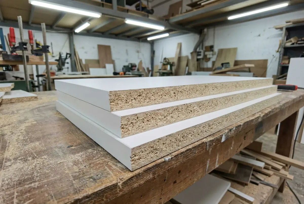 Panel chipboard melamine putih dengan teras serpihan kayu kasar kelihatan di tepi