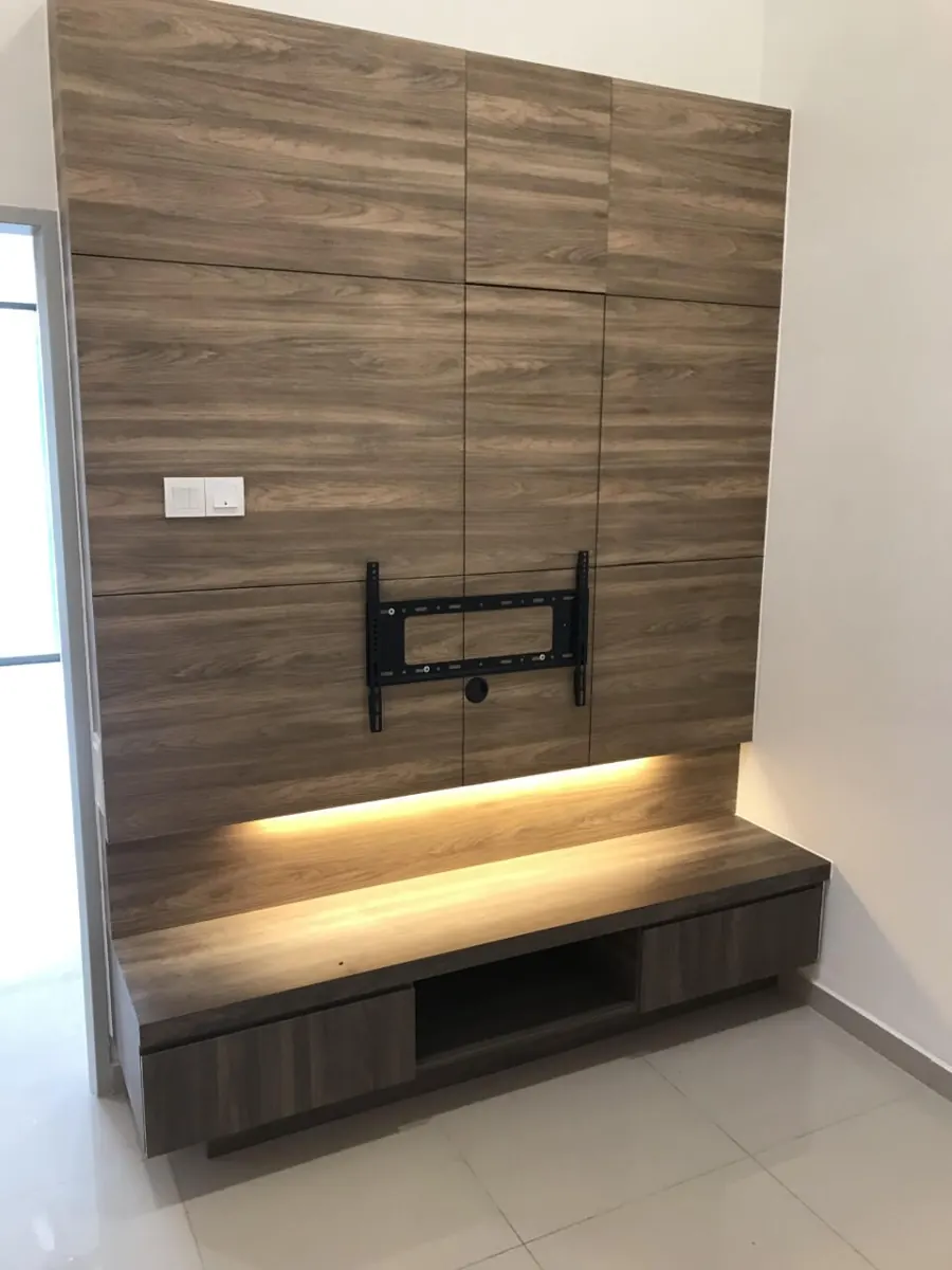 Wood-grain TV wall panels with a wall bracket, LED strip underneath and a floating TV console with drawers